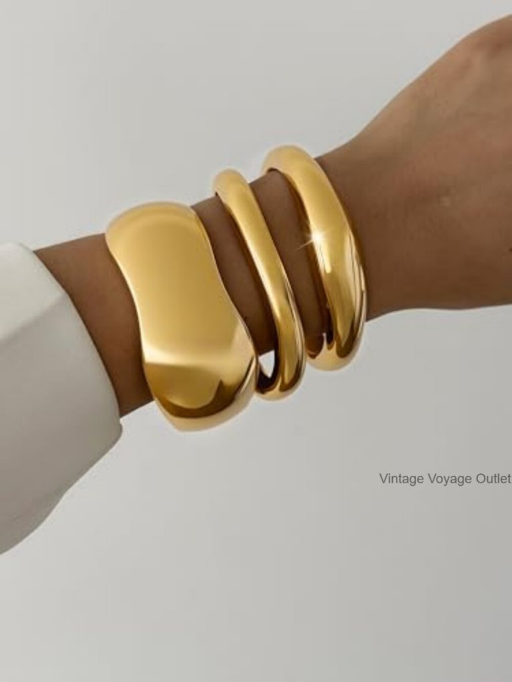 Chunky Gold Plated Bangle Bracelets Spring Hinged Stackable Set - Picture 2 of 5